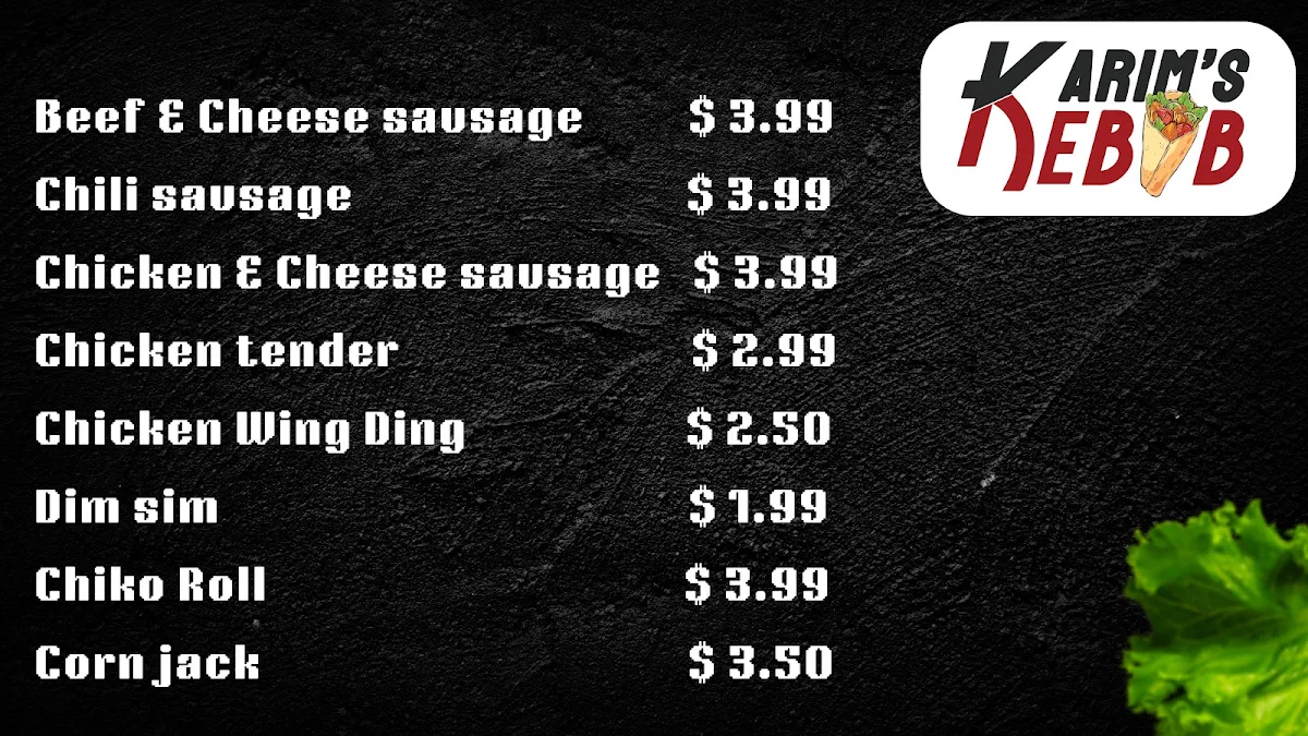 Menu, Karim's Kebab Yangebup