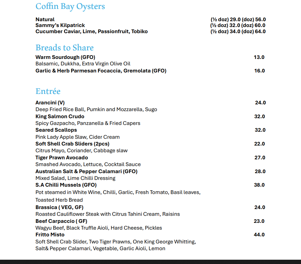 Menu, Sammys on the Marina