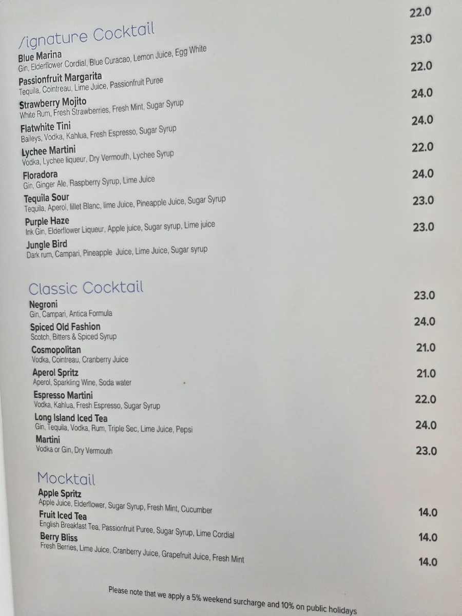 Menu, Sammys on the Marina