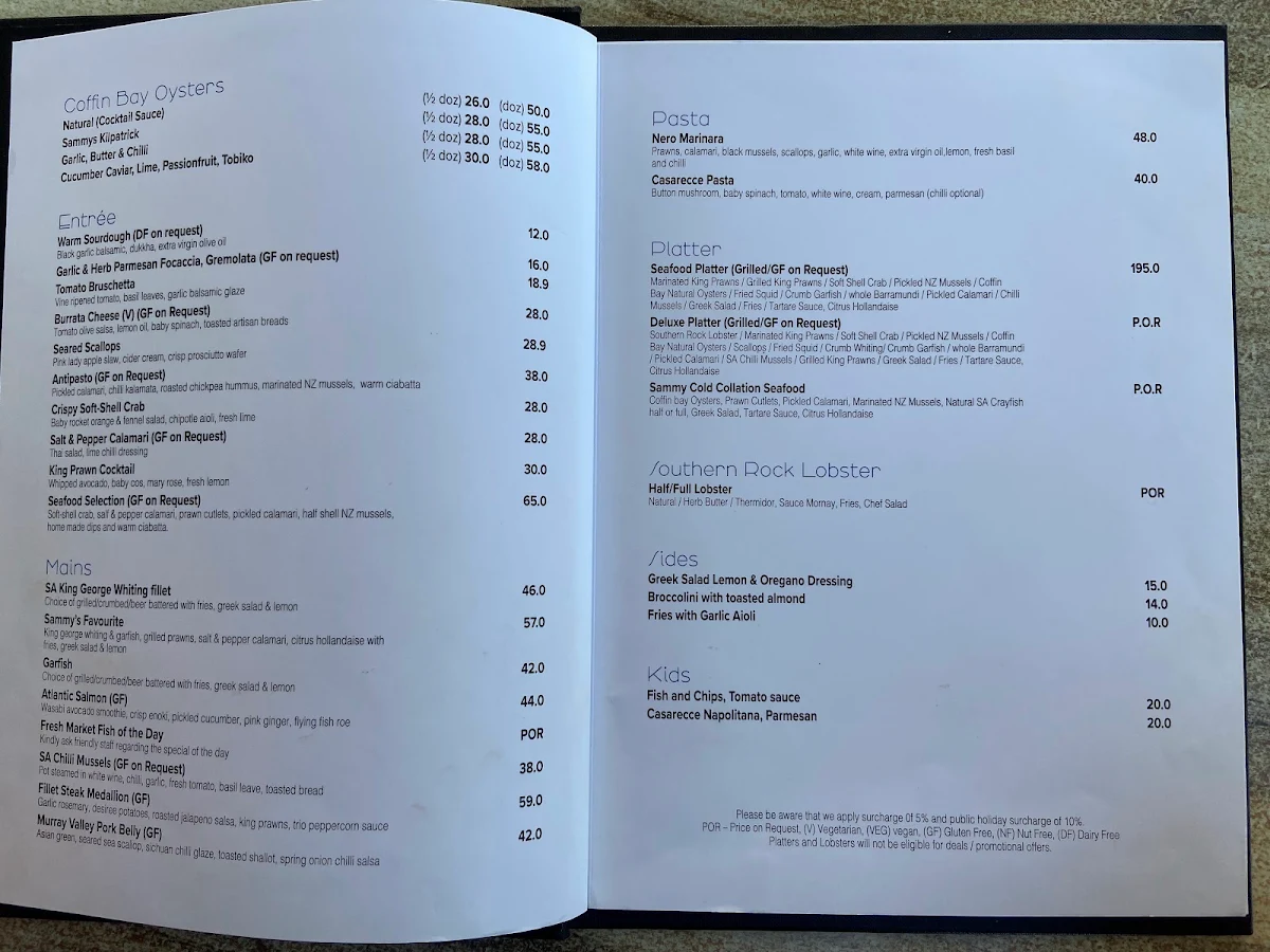 Menu, Sammys on the Marina
