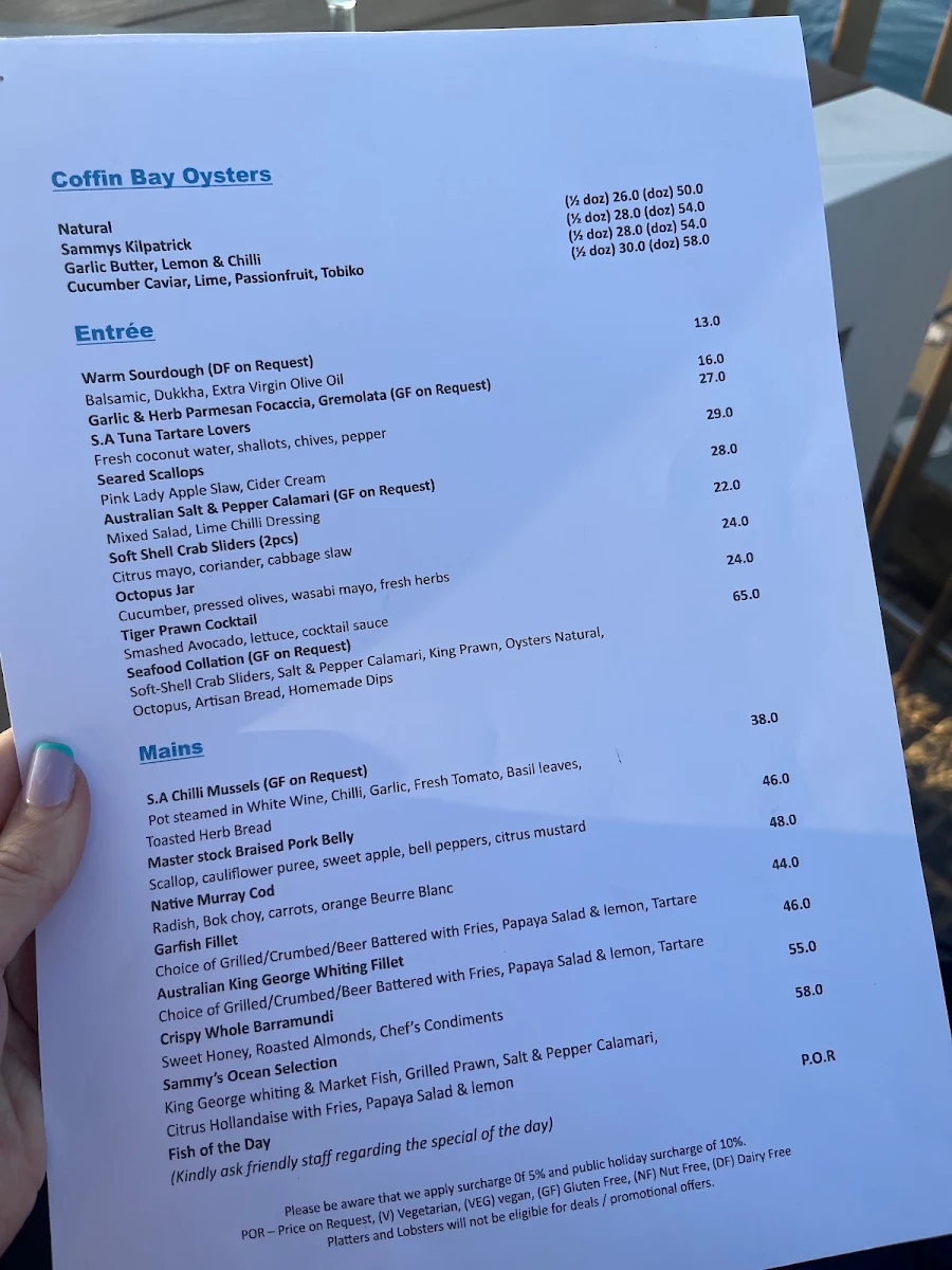 Menu, Sammys on the Marina