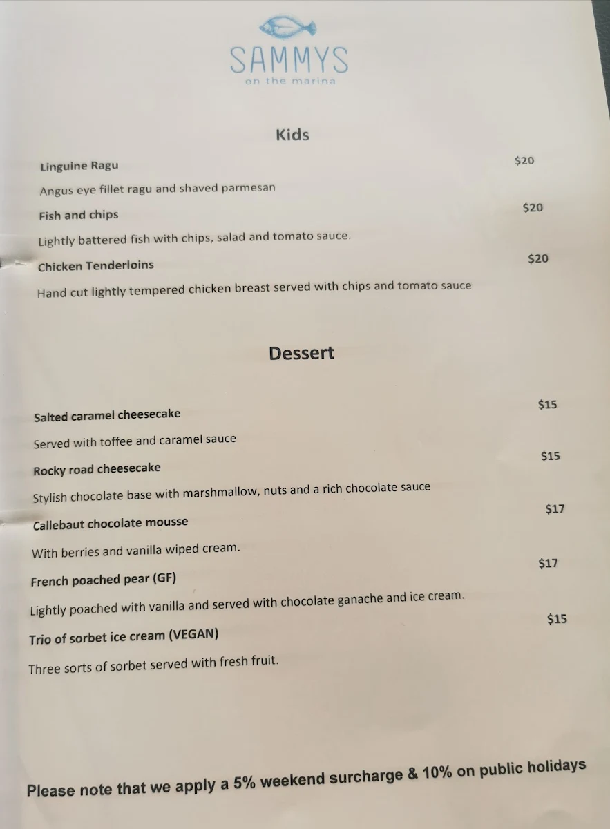 Menu, Sammys on the Marina