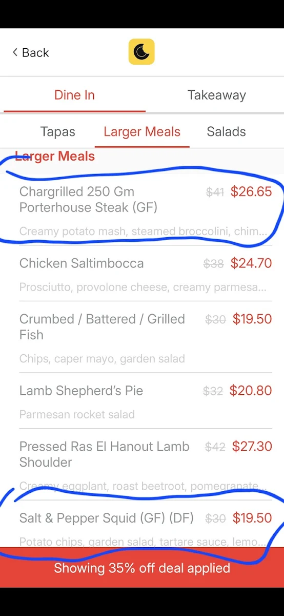 Menu, Sammys on the Marina