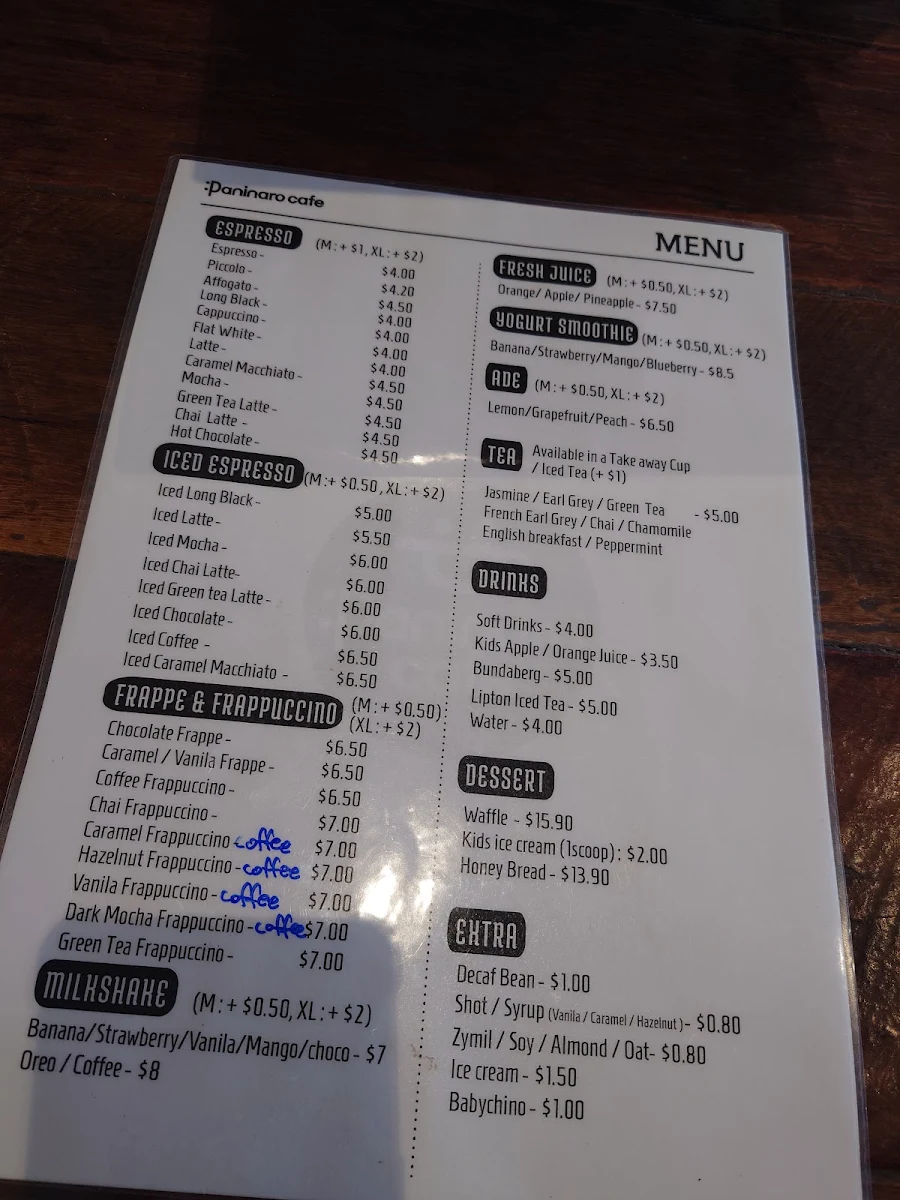 Menu, Paninaro Cafe