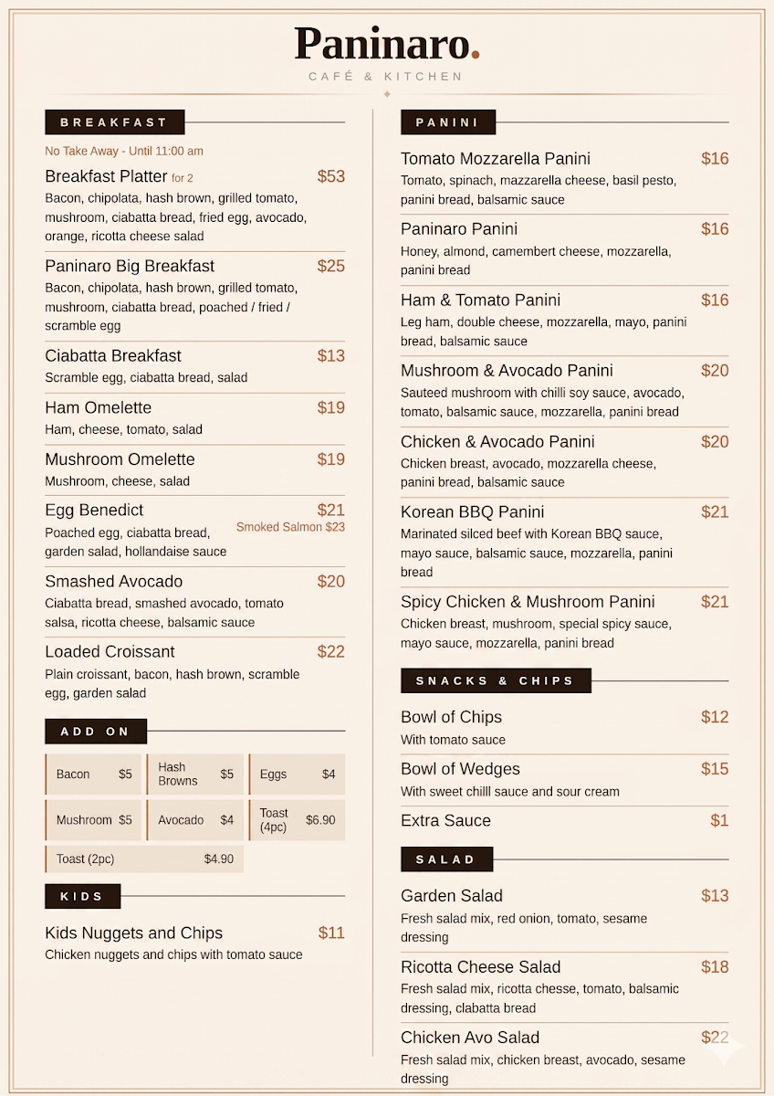 Menu, Paninaro Cafe