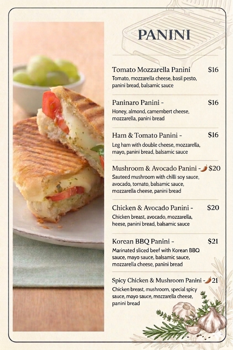 Menu, Paninaro Cafe