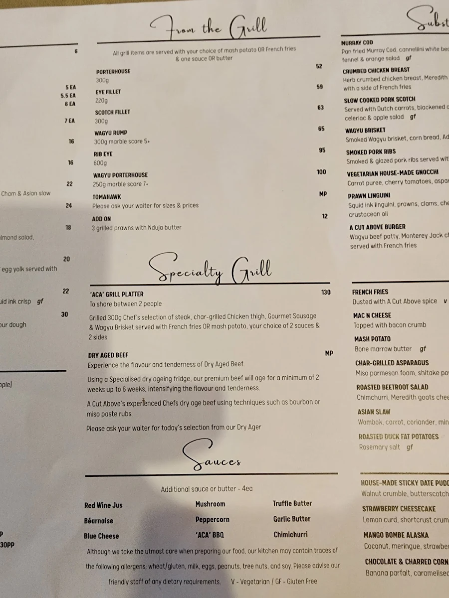 Menu, A Cut Above Bar and Grill