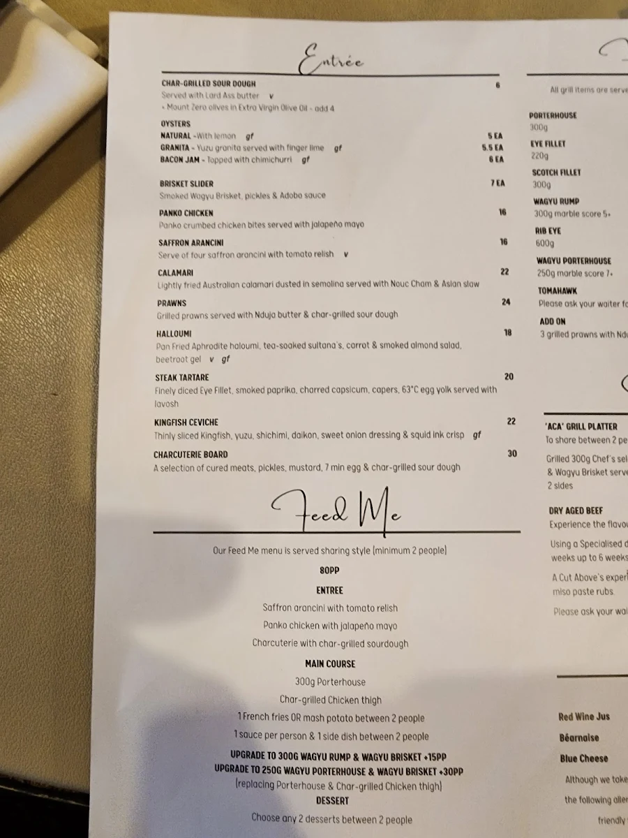 Menu, A Cut Above Bar and Grill