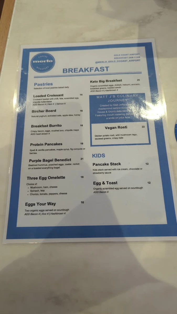 Menu, Merlo Coffee Gold Coast Airport