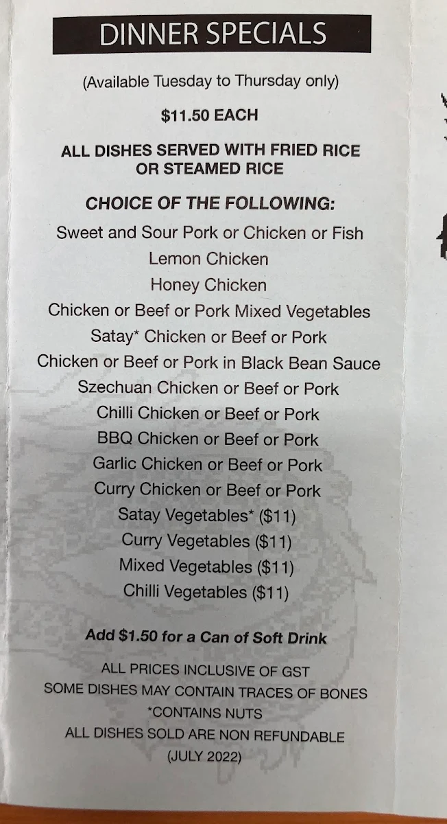 Menu, Happy Dragon Chinese Restaurant