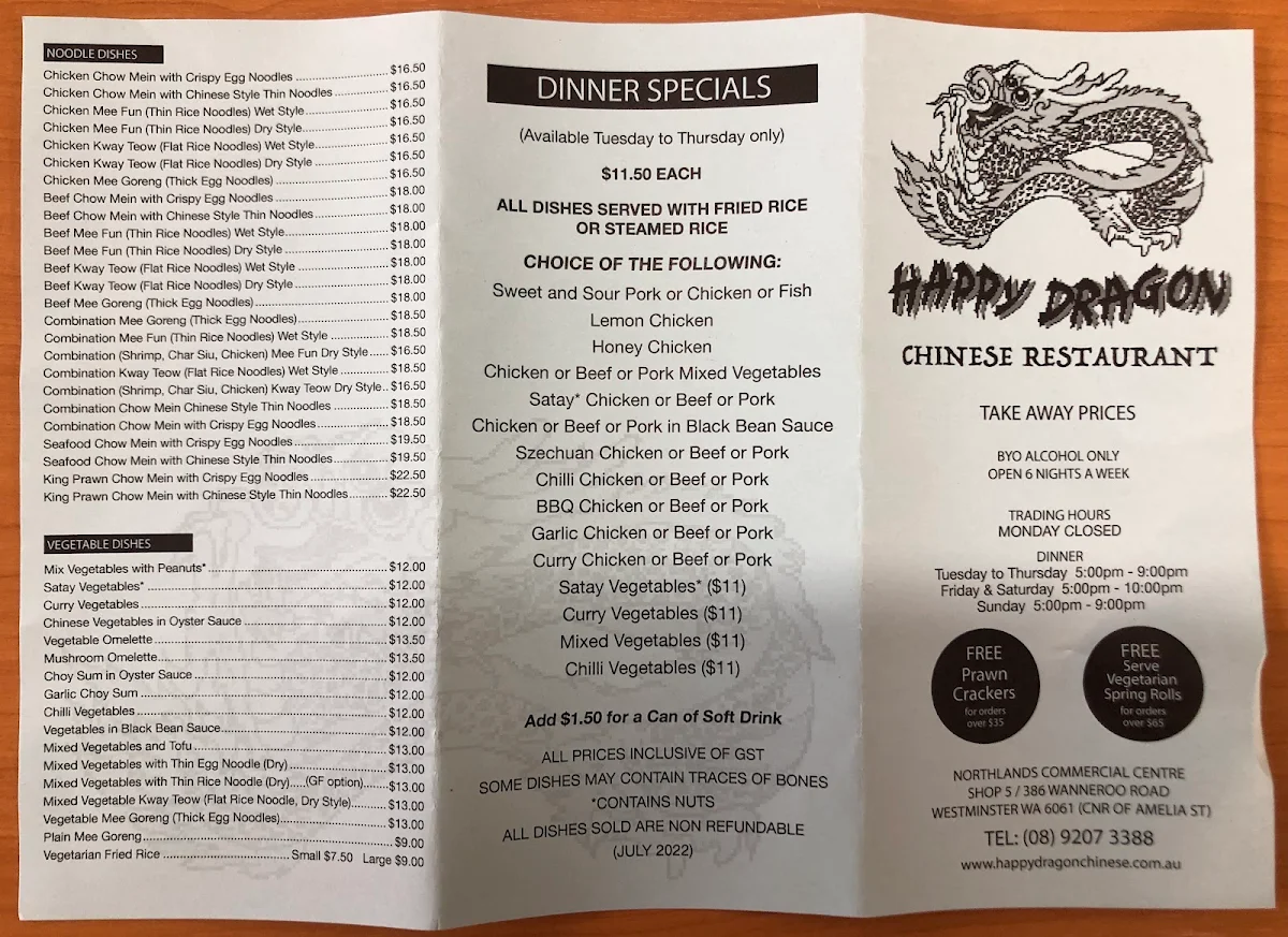 Menu, Happy Dragon Chinese Restaurant