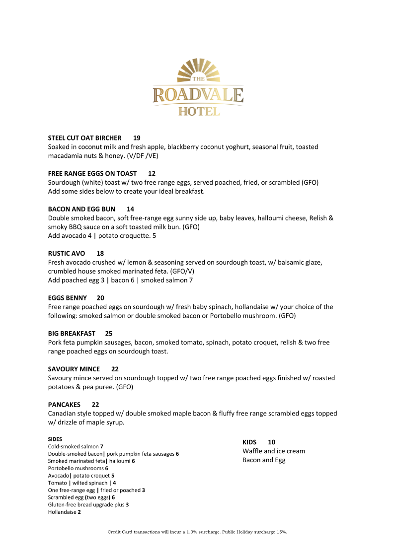 Menu, Roadvale Hotel