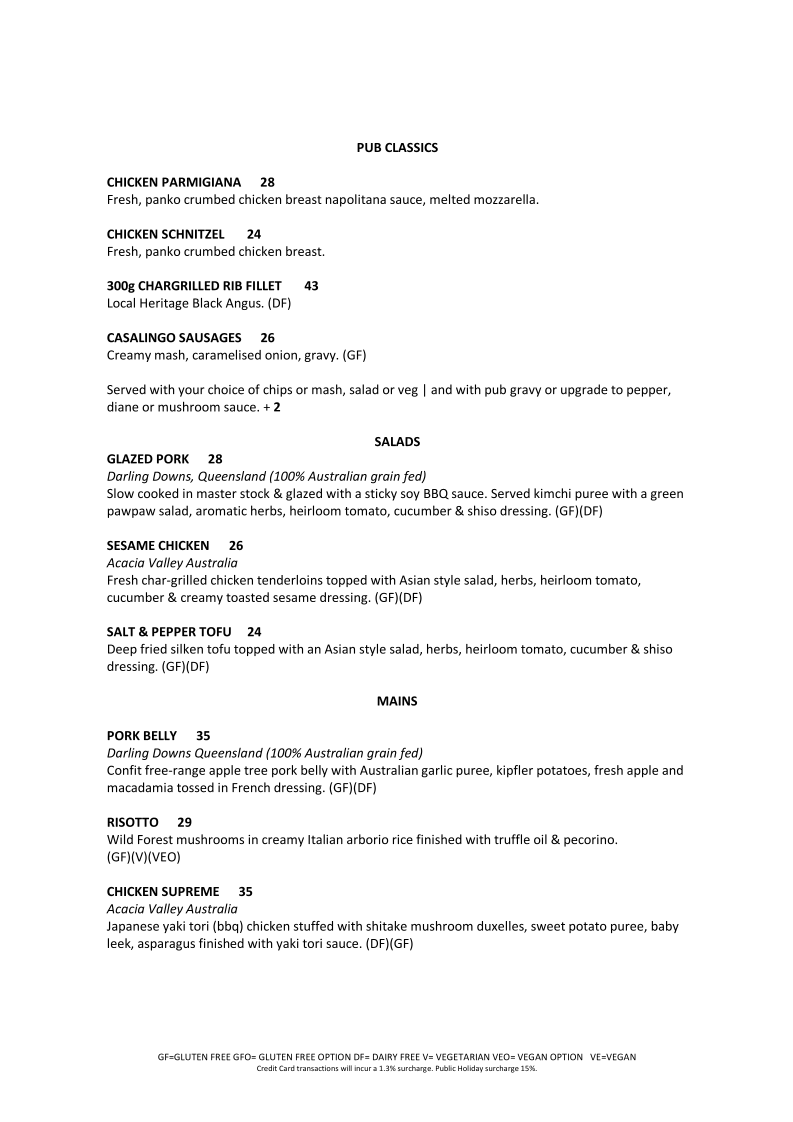 Menu, Roadvale Hotel