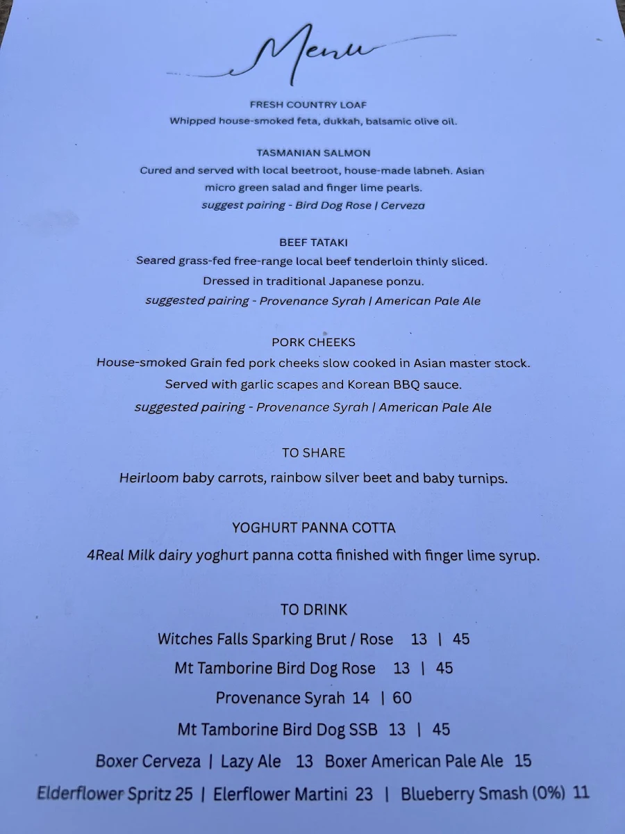Menu, Roadvale Hotel