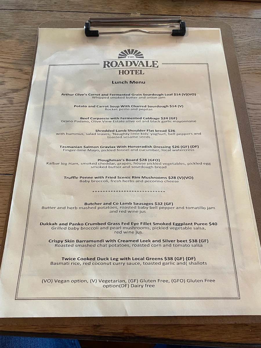 Menu, Roadvale Hotel