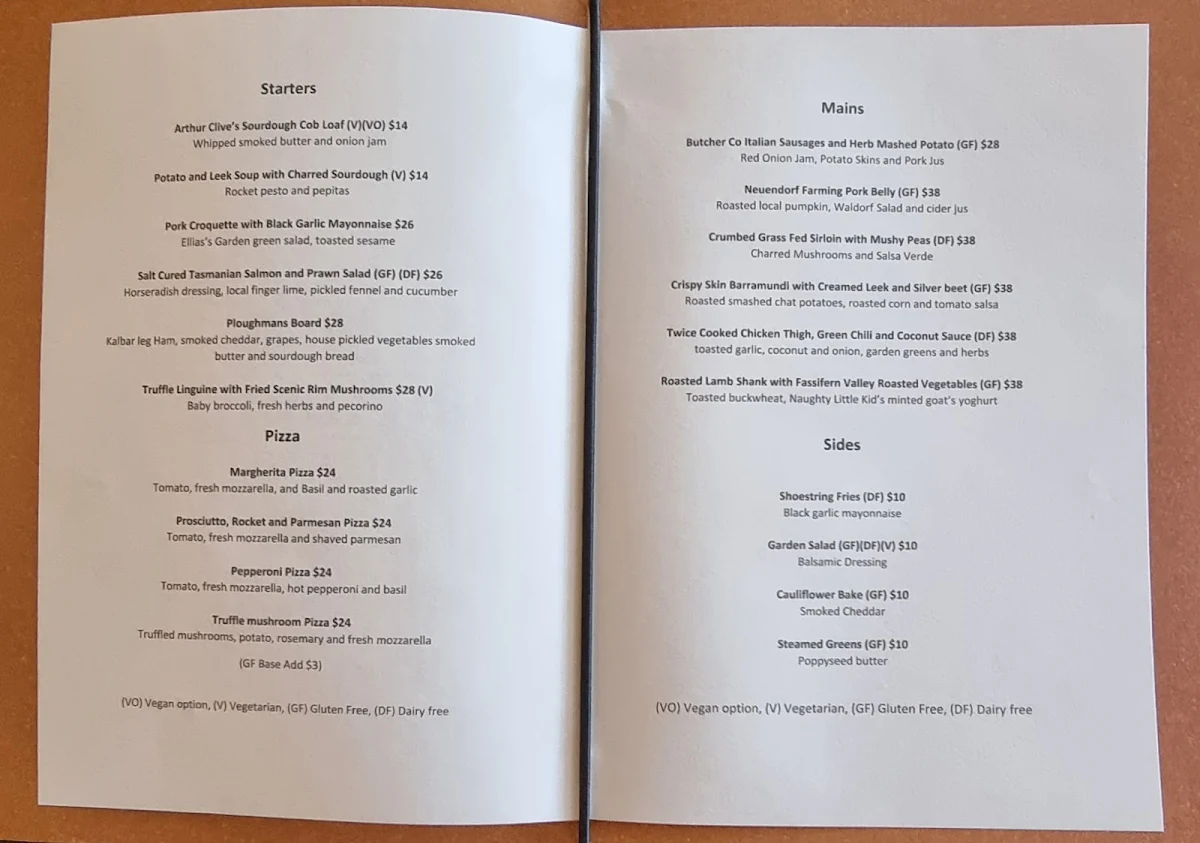 Menu, Roadvale Hotel
