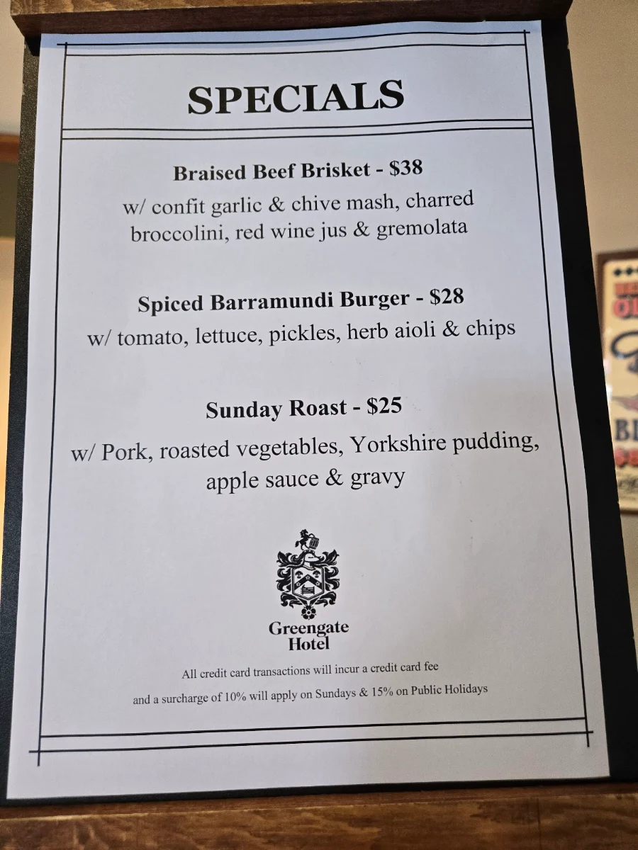 Menu, The Greengate Hotel