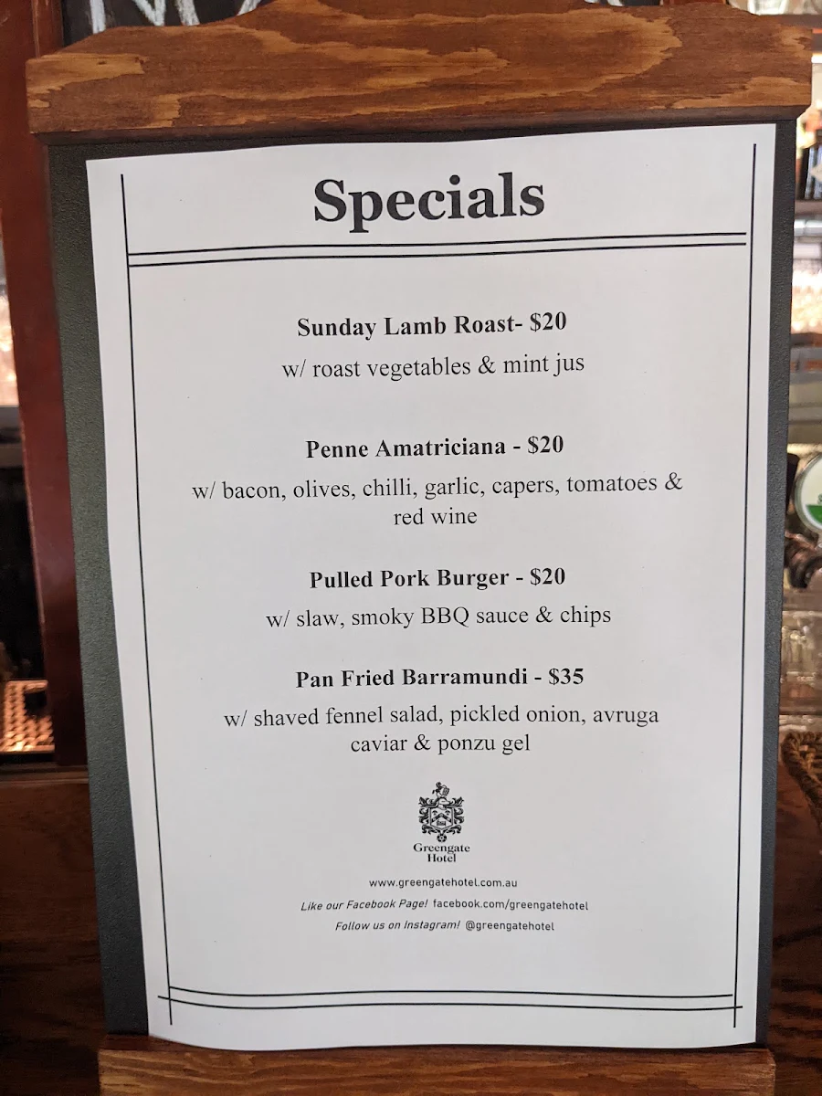 Menu, The Greengate Hotel