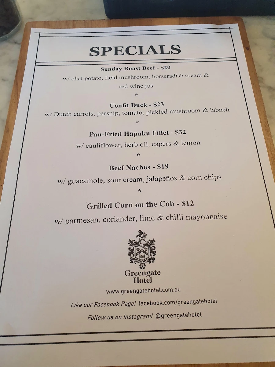 Menu, The Greengate Hotel