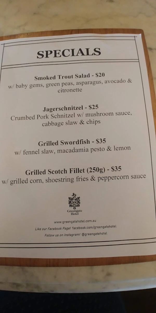Menu, The Greengate Hotel