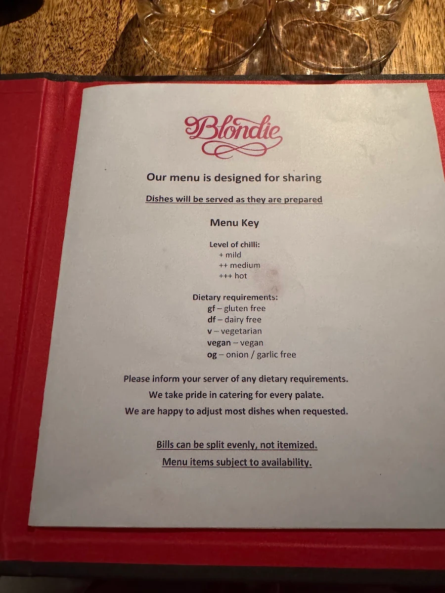 Menu, Blondie Bar