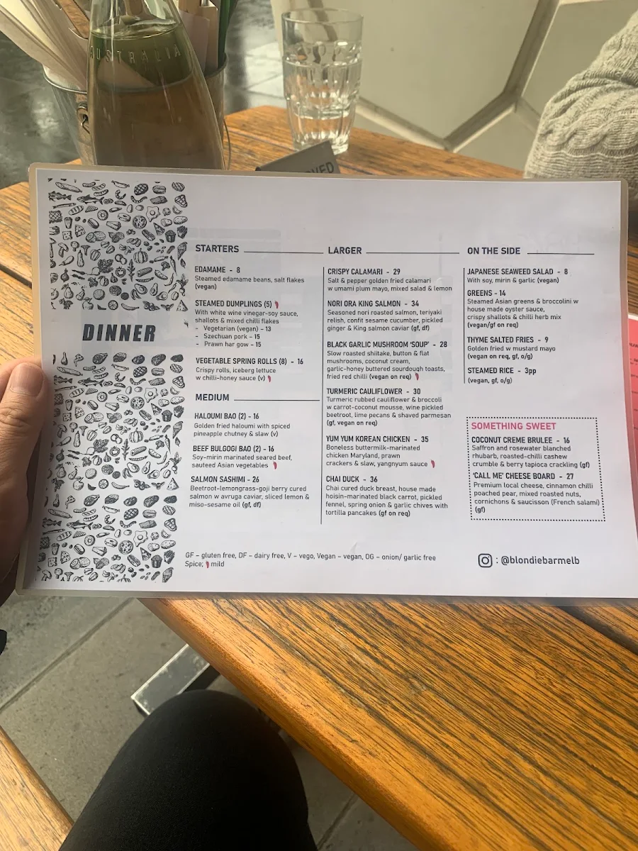Menu, Blondie Bar