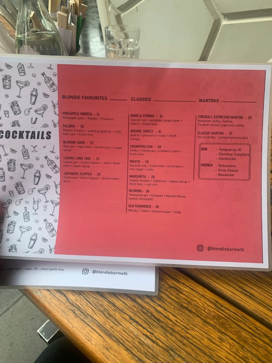 Menu, Blondie Bar