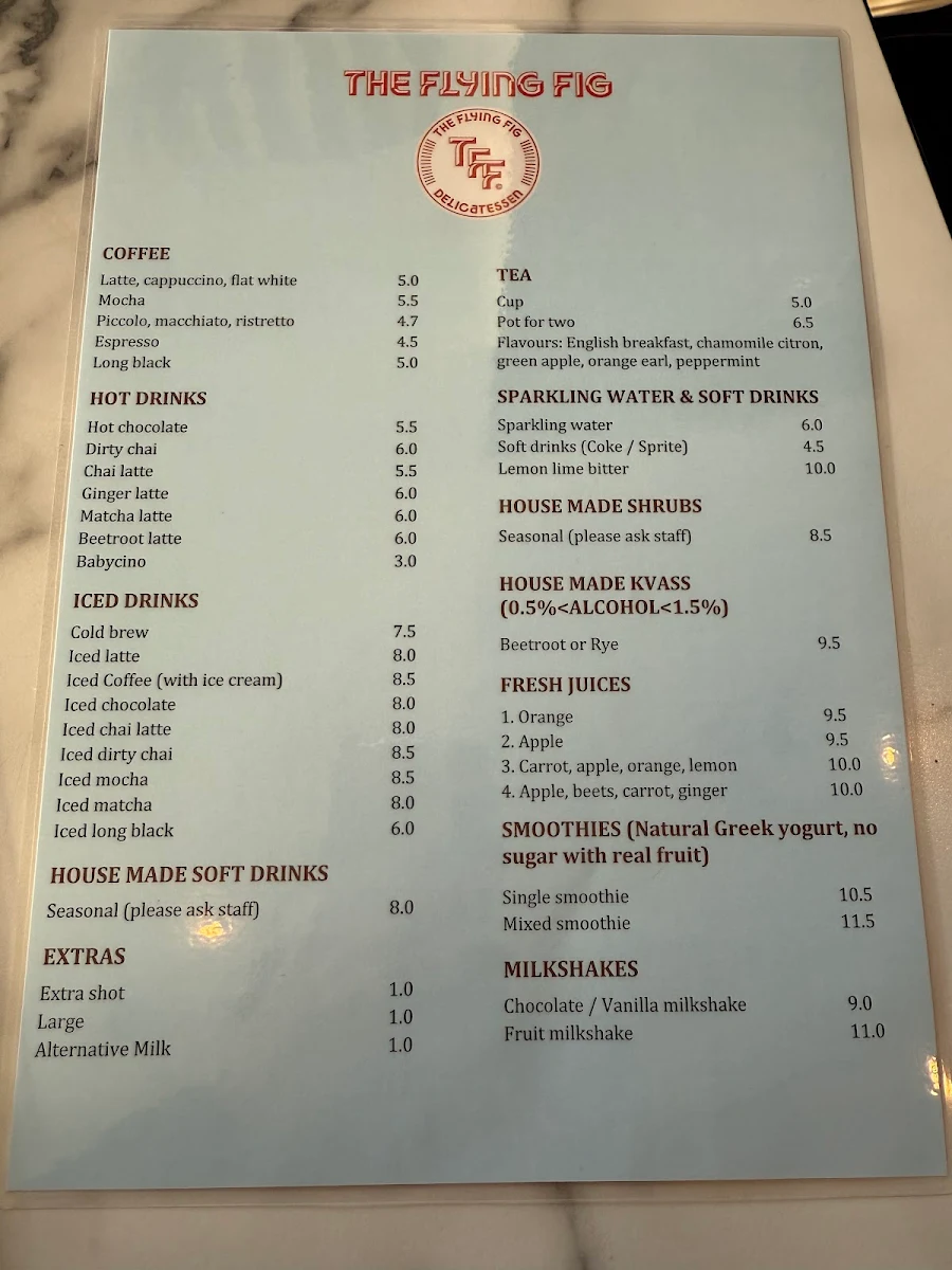 Menu, The Flying Fig