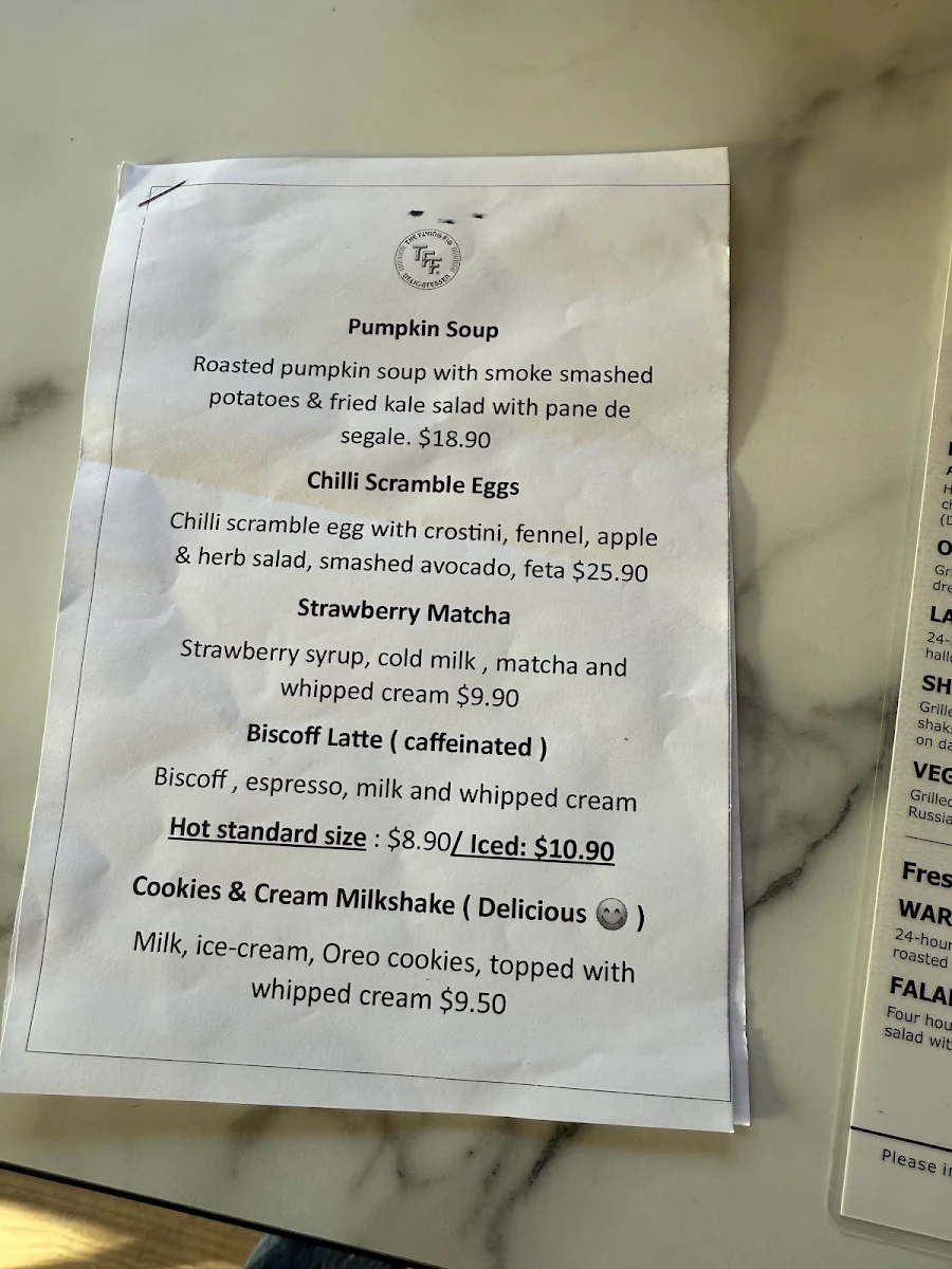 Menu, The Flying Fig