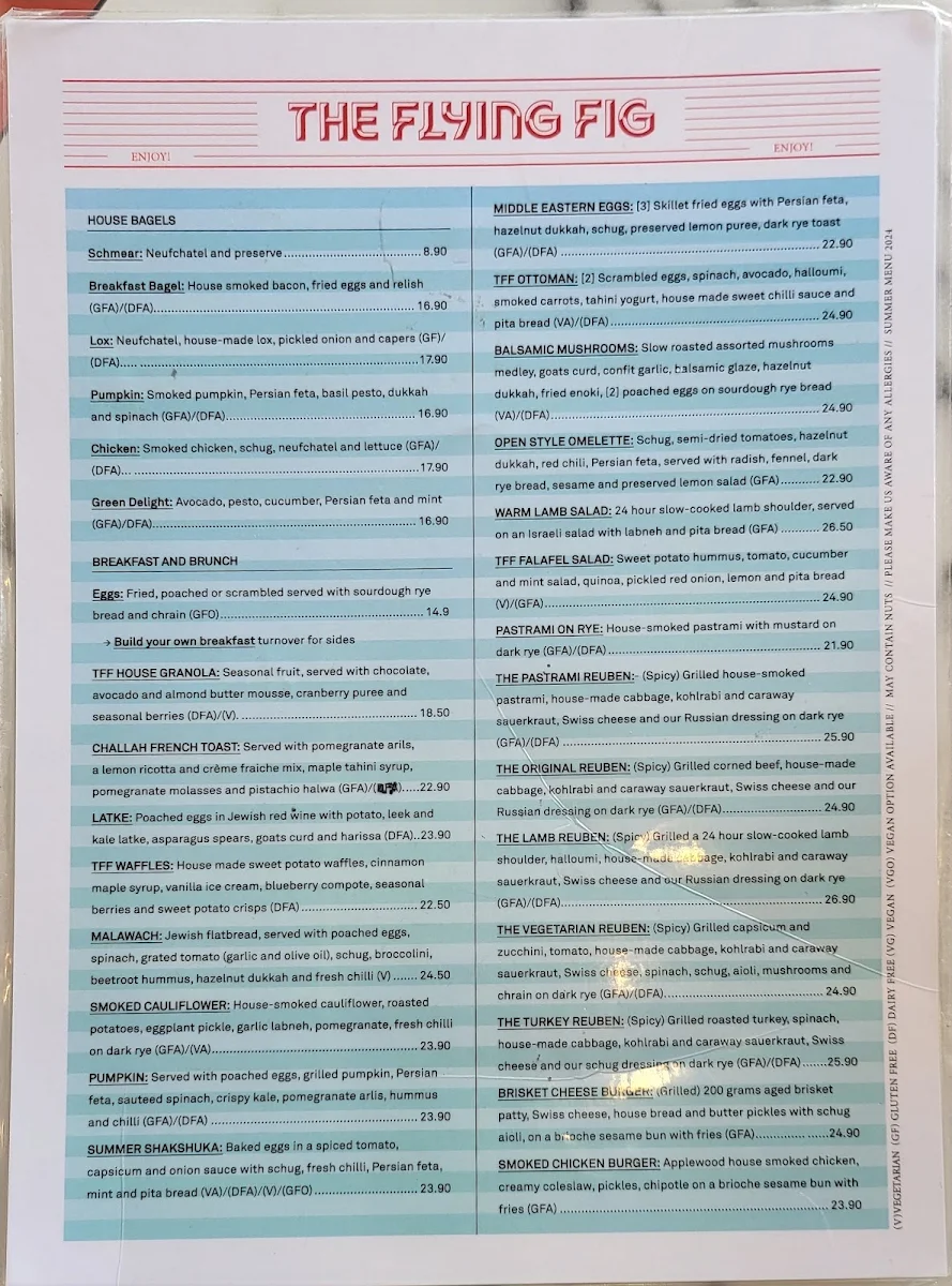 Menu, The Flying Fig