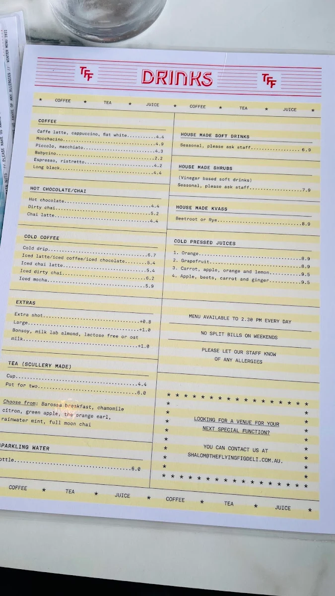 Menu, The Flying Fig