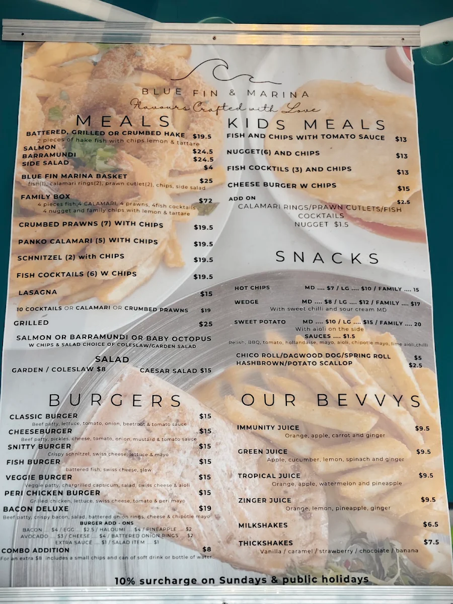 Menu, Blue Fin & Marina