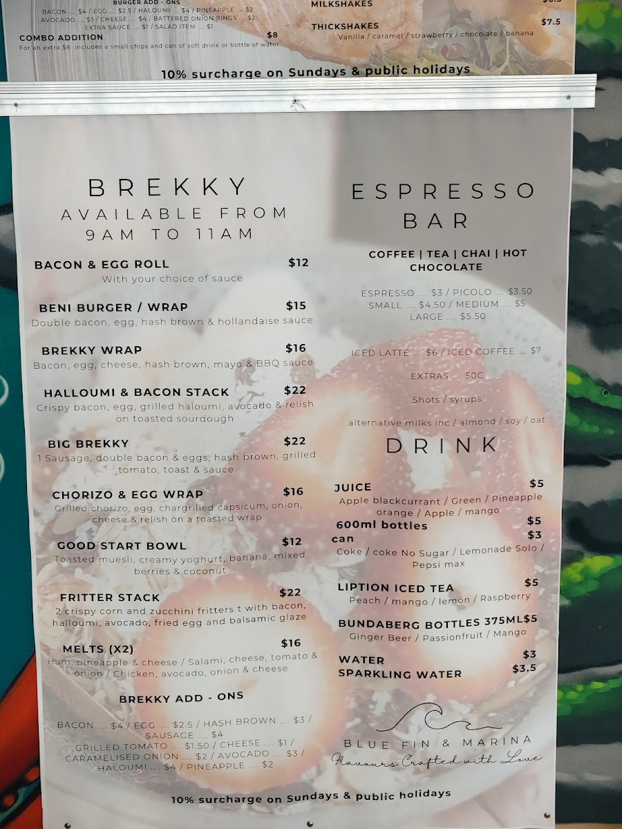 Menu, Blue Fin & Marina