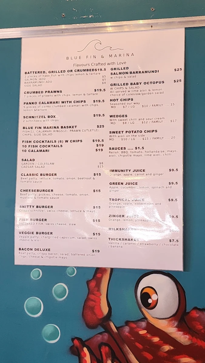Menu, Blue Fin & Marina