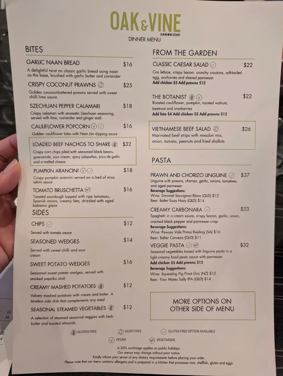 Menu, Oak & Vine Sunshine Coast