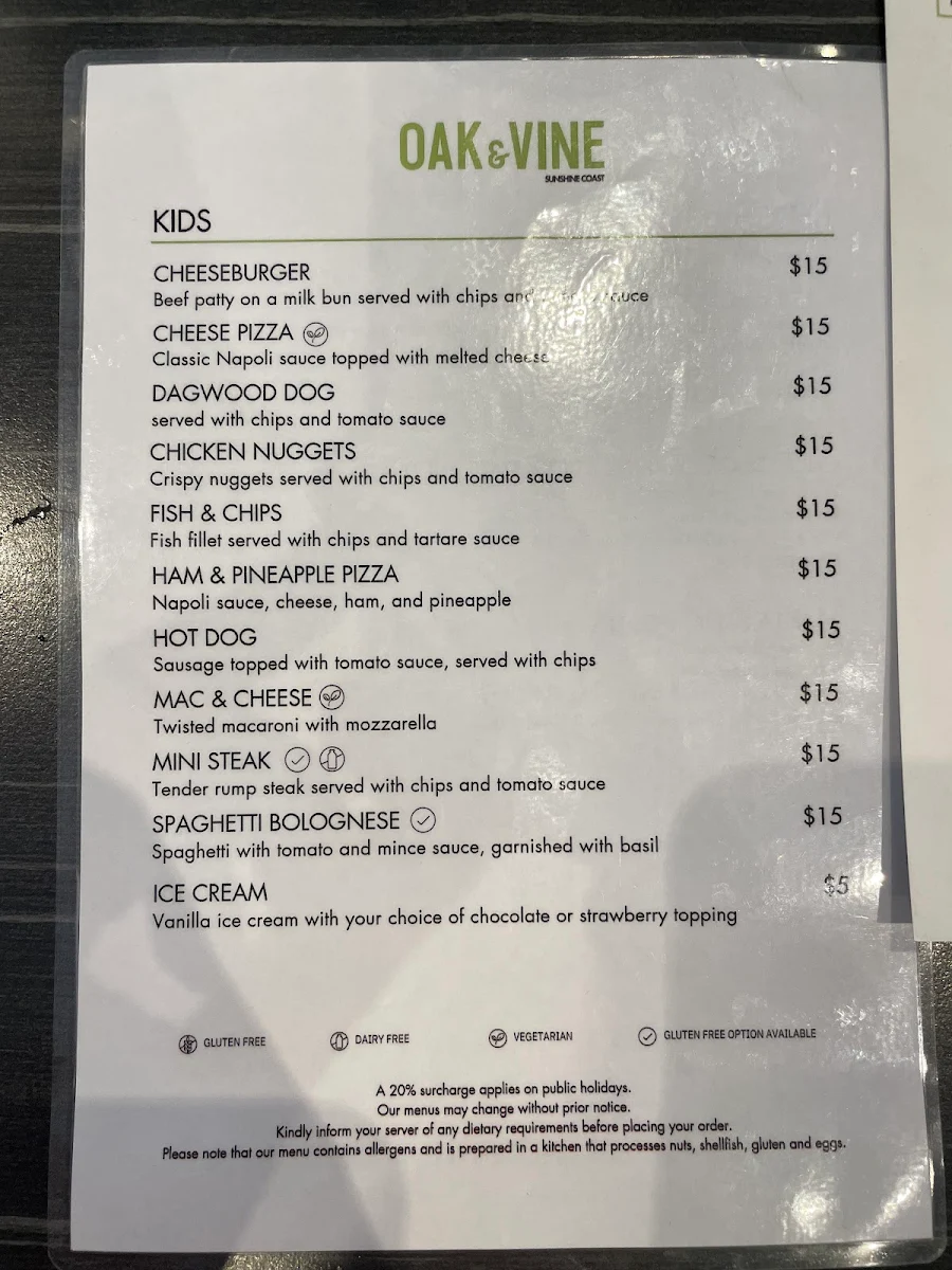 Menu, Oak & Vine Sunshine Coast