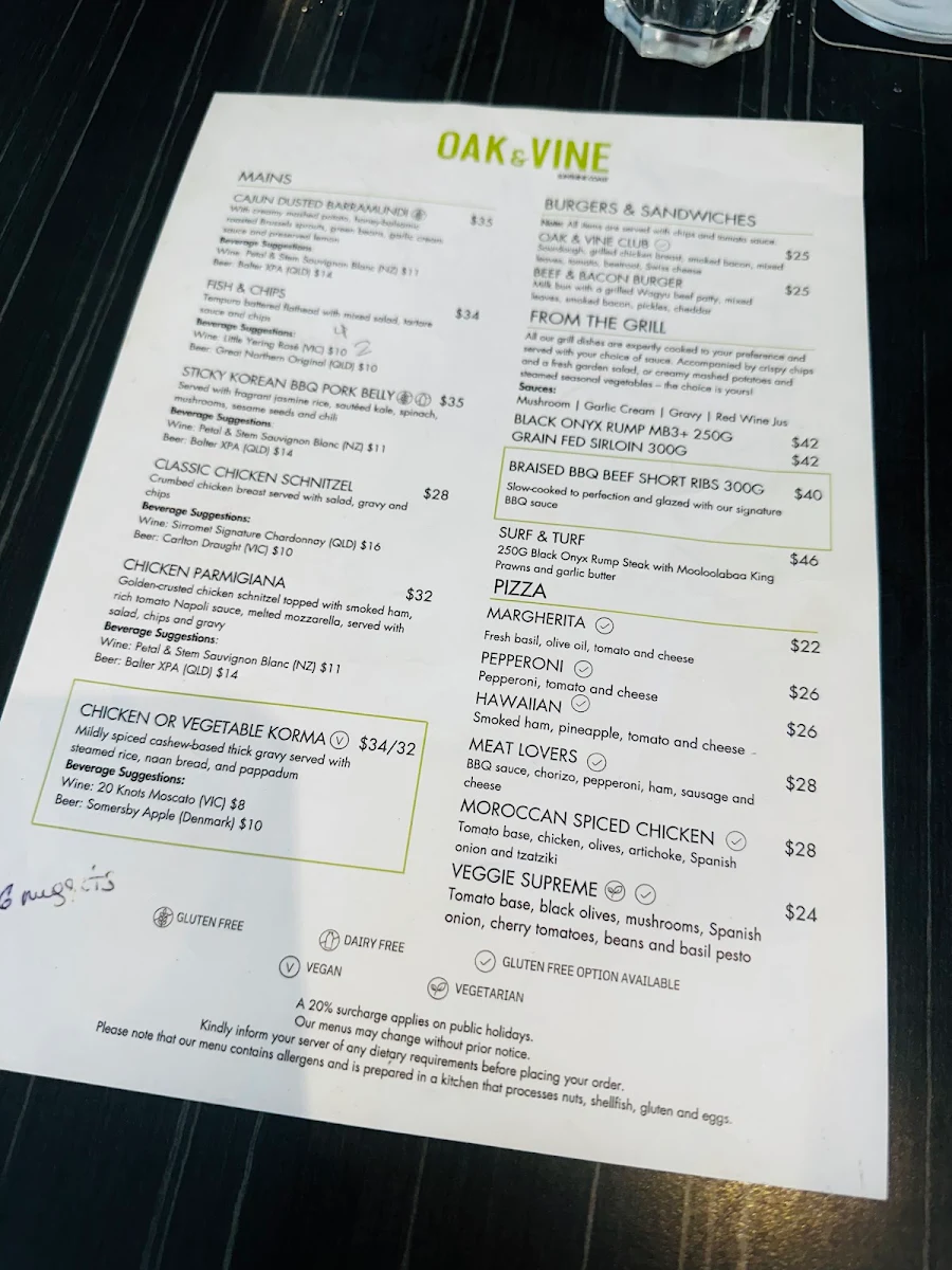 Menu, Oak & Vine Sunshine Coast