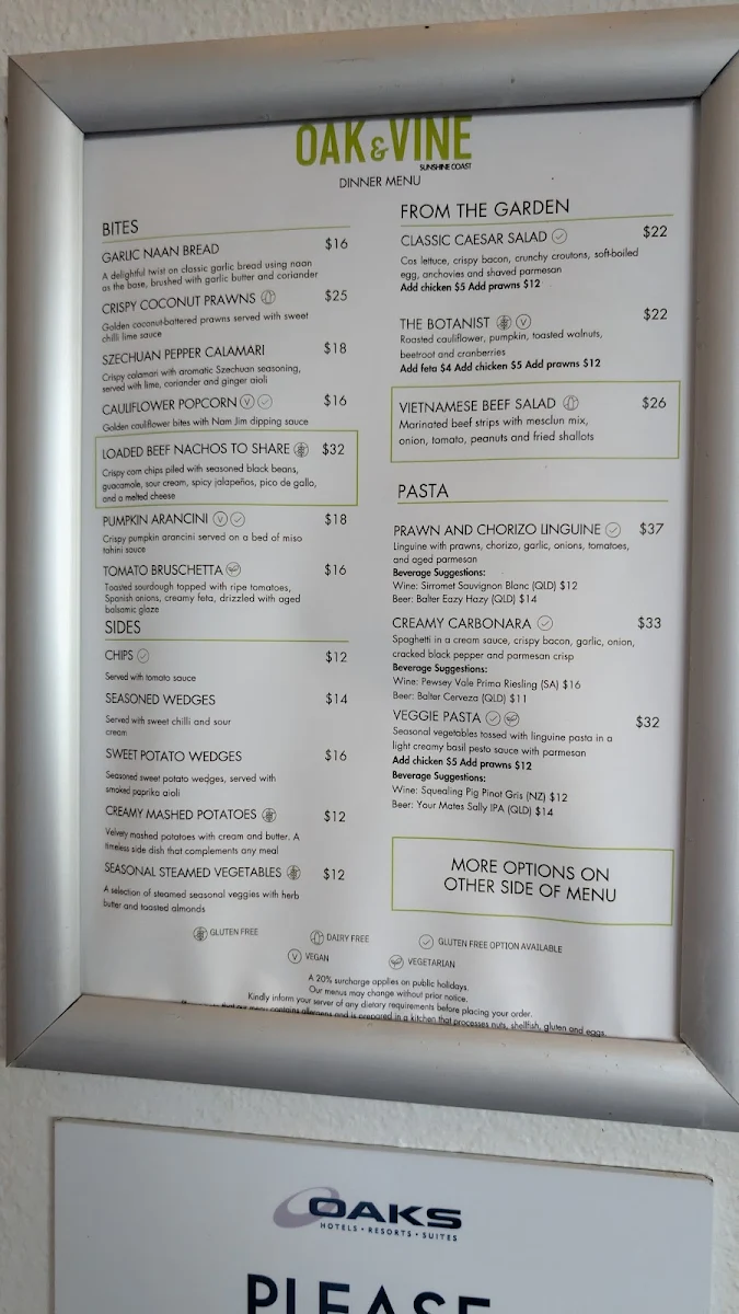 Menu, Oak & Vine Sunshine Coast
