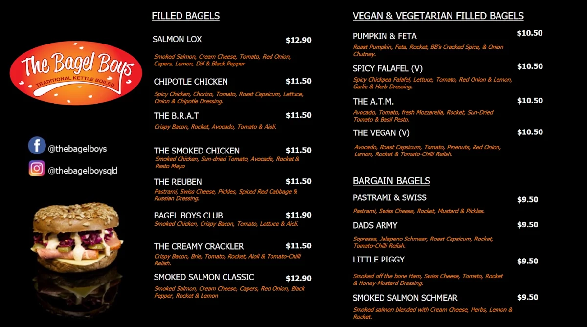 Menu, The Bagel Boys