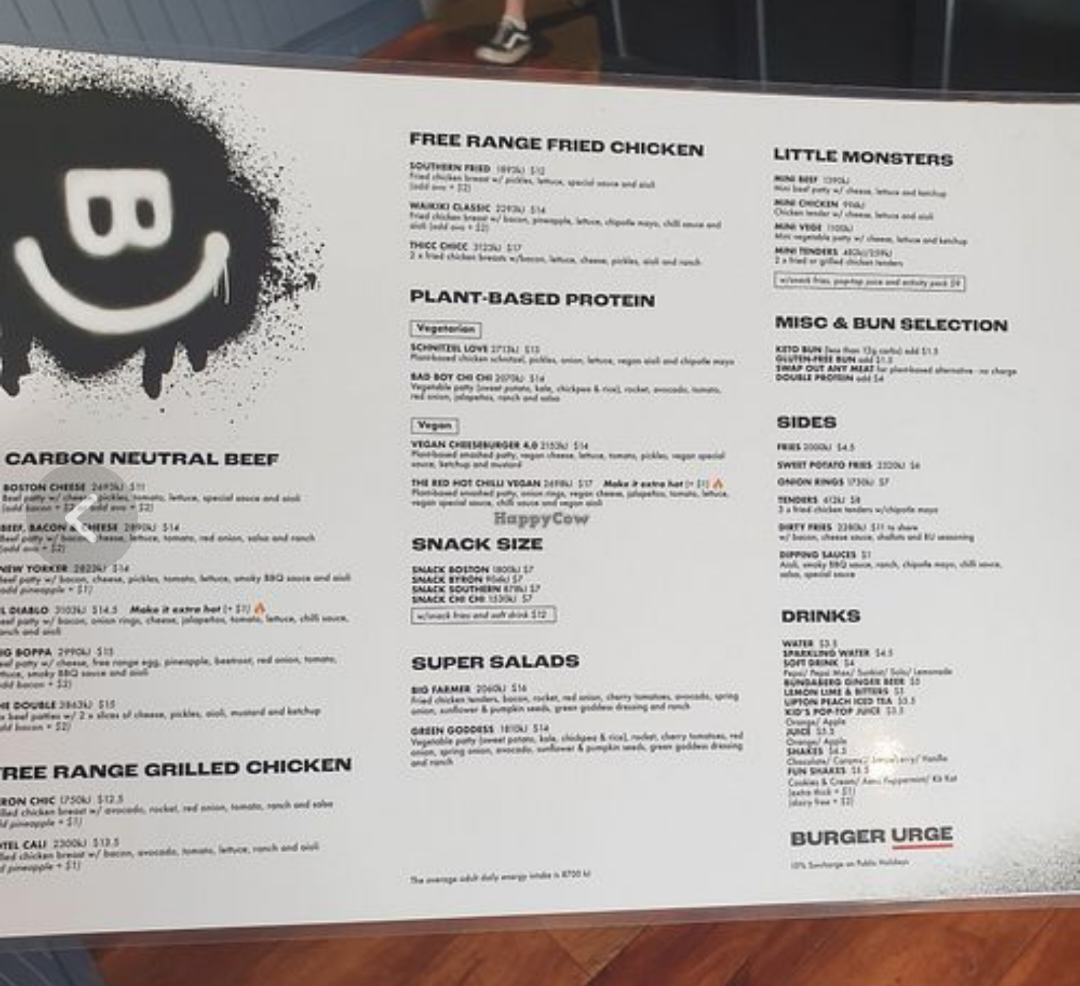 Menu, Burger Urge (Armidale)