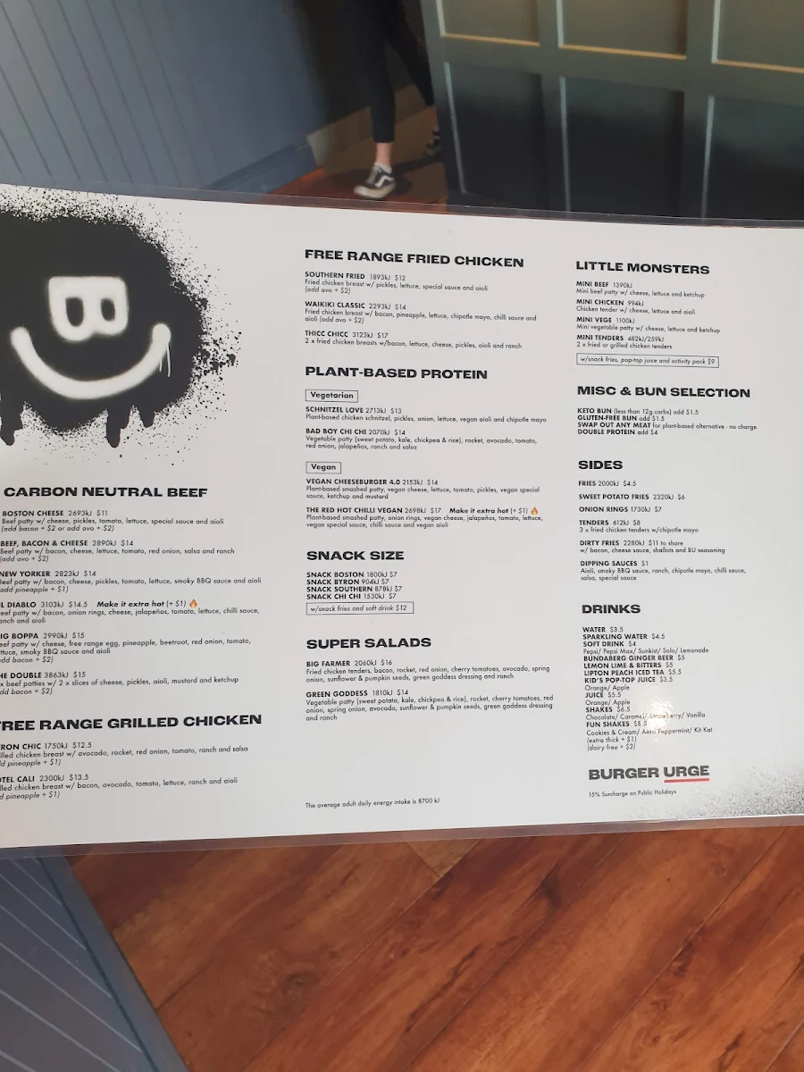 Menu, Burger Urge (Armidale)