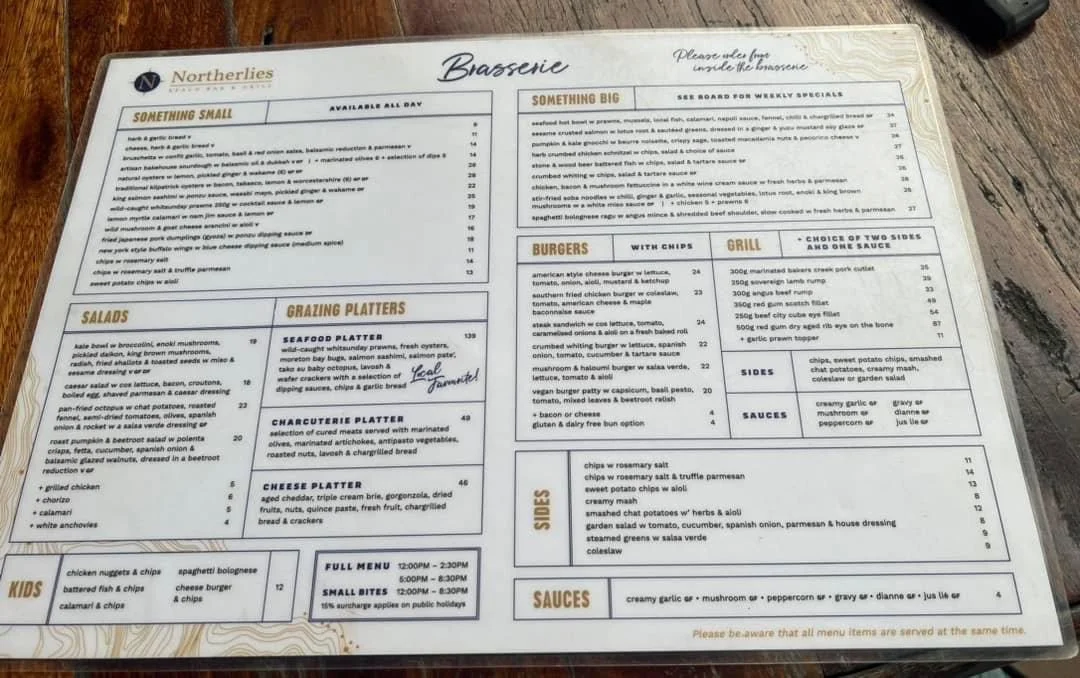 Menu, Northerlies Beach Bar & Grill