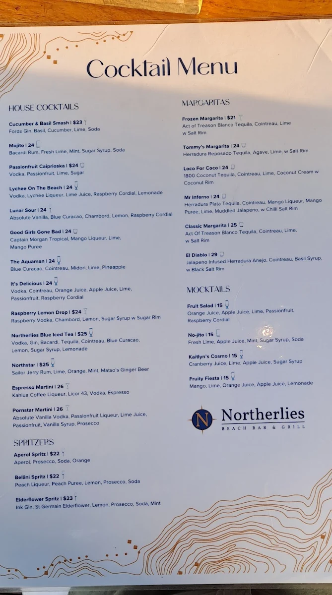 Menu, Northerlies Beach Bar & Grill