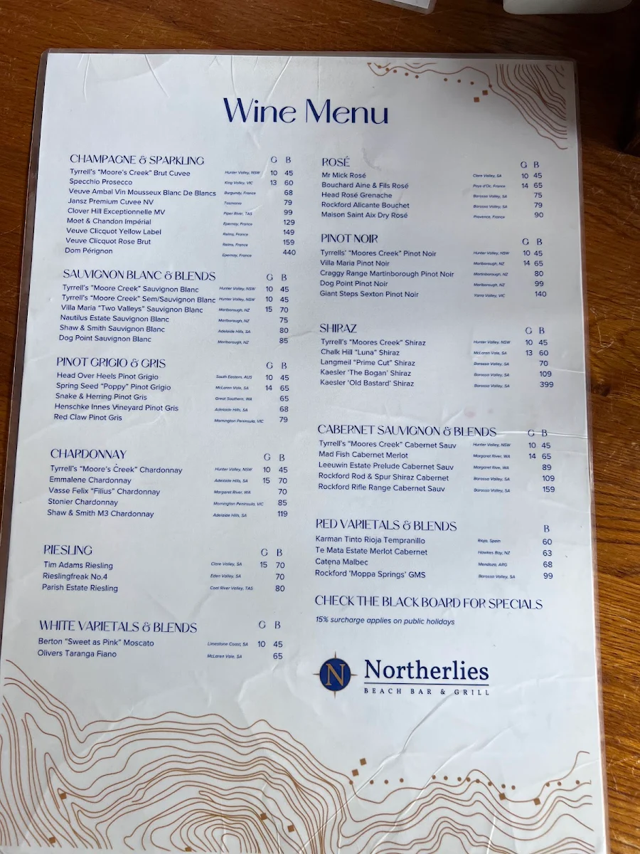 Menu, Northerlies Beach Bar & Grill
