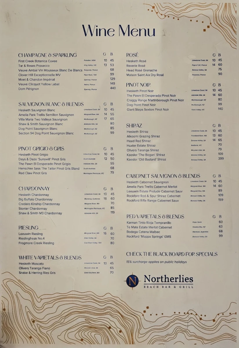 Menu, Northerlies Beach Bar & Grill