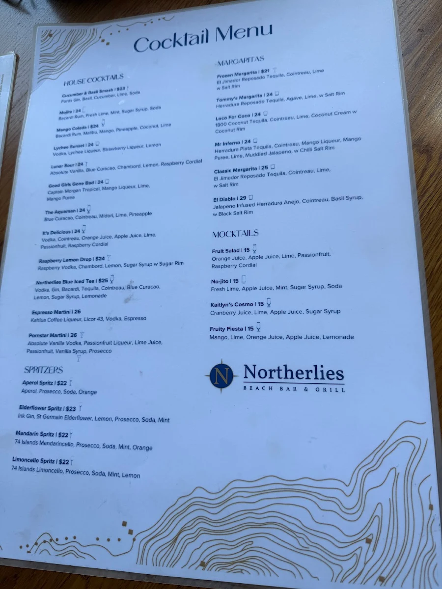 Menu, Northerlies Beach Bar & Grill