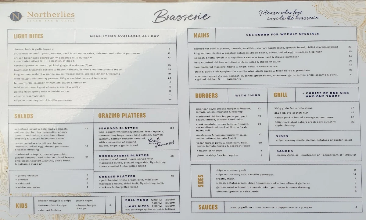 Menu, Northerlies Beach Bar & Grill