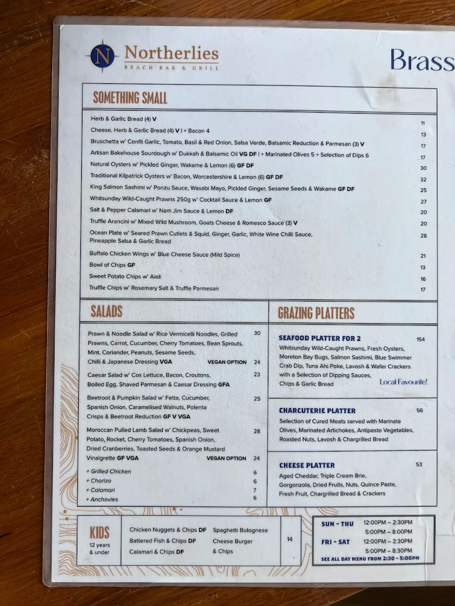 Menu, Northerlies Beach Bar & Grill