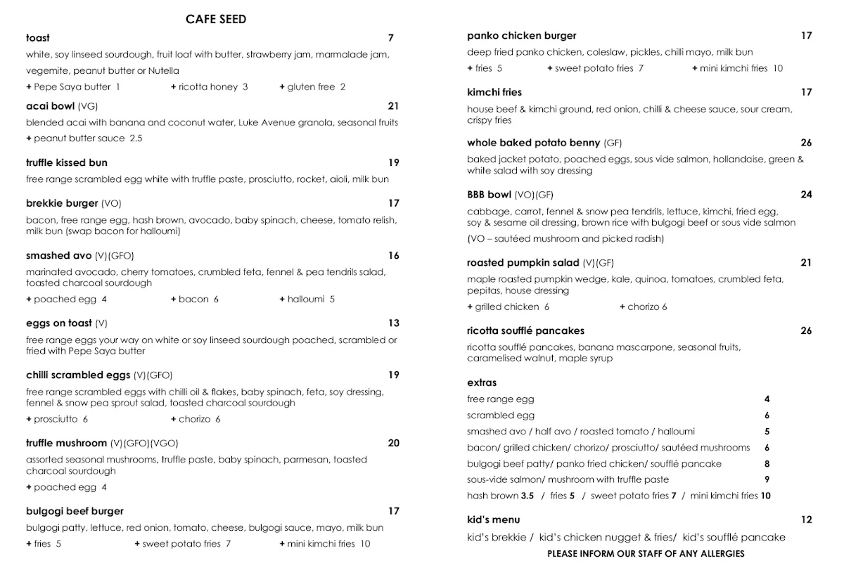Menu, Cafe Seed Concord