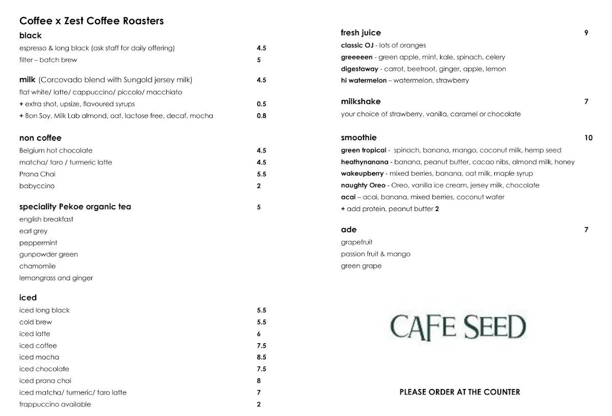 Menu, Cafe Seed Concord